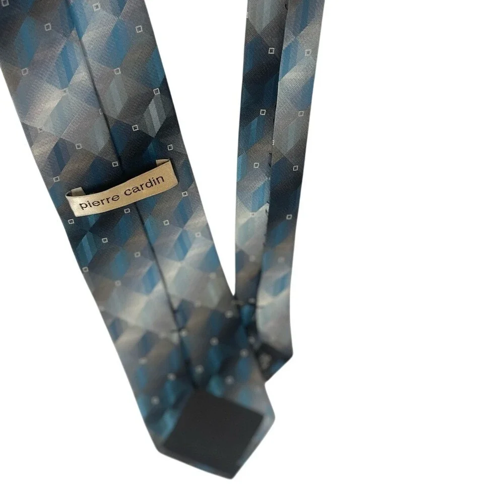 Vintage 80s Pierre Cardin Men's Geometric 100% Silk Tie Blue Grey Diamond Patter